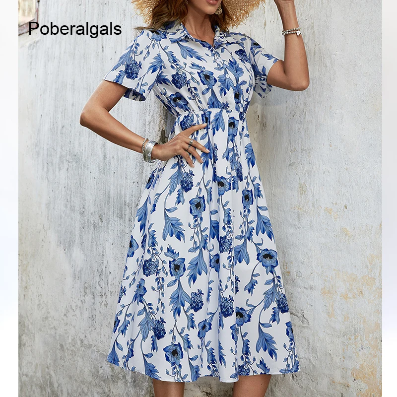 Elegant Women Summer Dress 2022 New Slim Vintage Lapel High Waist Midi Dress Casual Blue and White Printed Short Sleeve Dress
Elegant Women Summer Dress 2022 New Slim Vintage Lapel High Waist Midi Dress Casual Blue and White Printed Short Sleeve Dress
