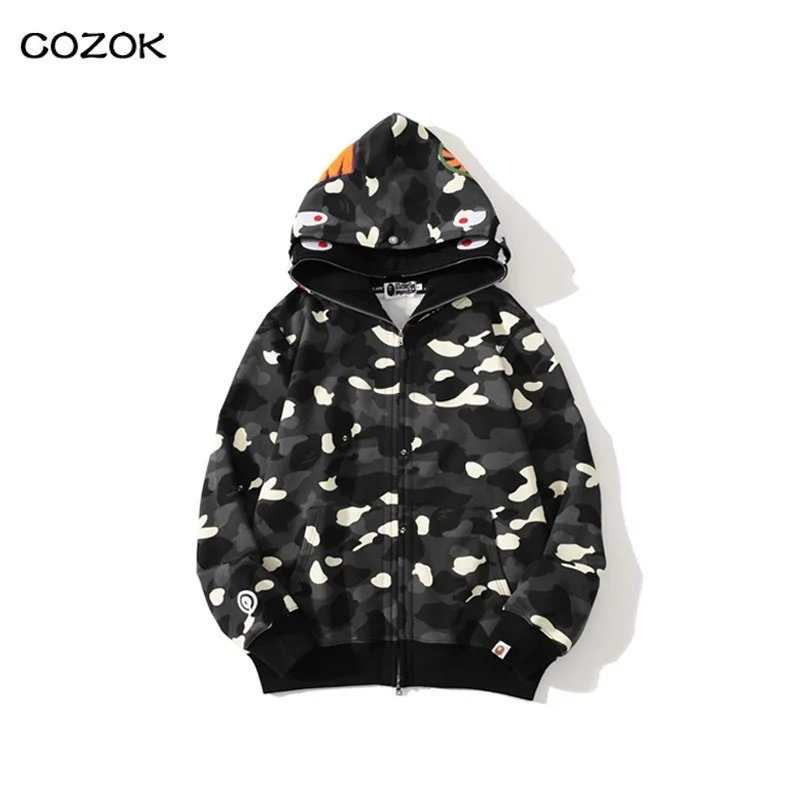 

2022 Men's luminous spots double cap thin fleece sweatshirt jacket shark hooded sweatshirt fashion jacket street clothes