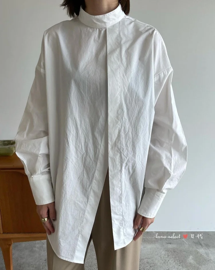 Spring Autumn Stand Neck Long Sleeves Women Shirt Japanese Personality Front and Back Wear Diagonal Slit Solid Striped Women Top
Spring Autumn Stand Neck Long Sleeves Women Shirt Japanese Personality Front and Back Wear Diagonal Slit Solid Striped Women Top