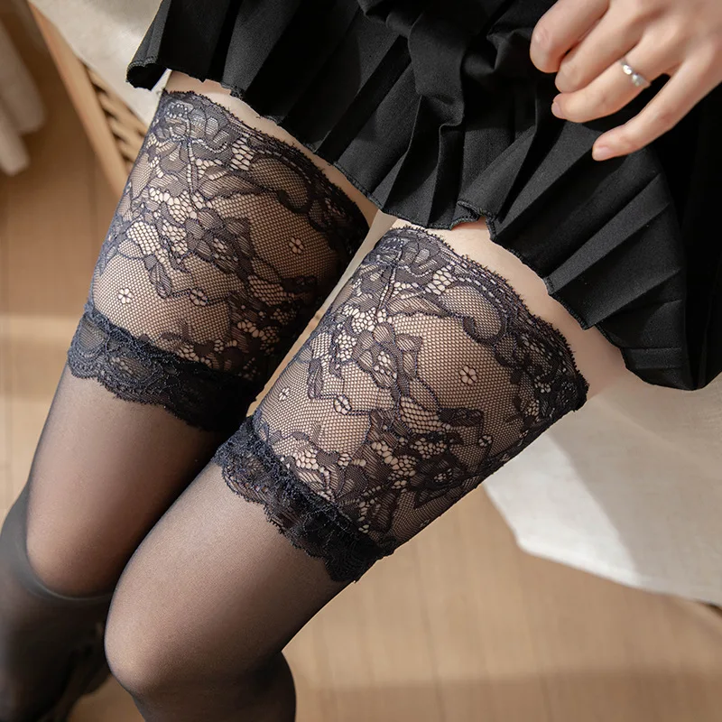 

New Women Stockings Lingerie Sexy Lace Mesh Fishnet Long Socks Stockings Silicone Non-slip Lacework Ruffles Thigh High Stockings