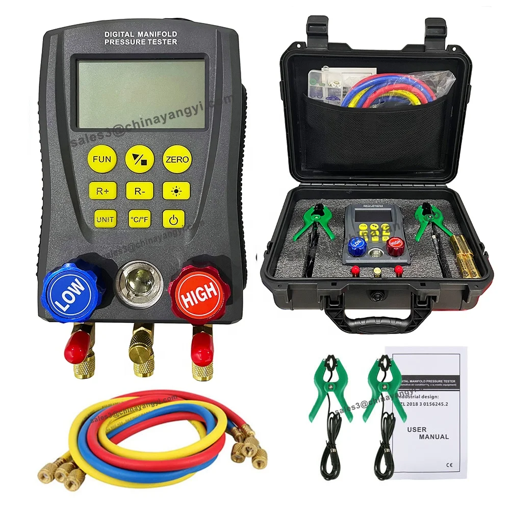 HVAC Refrigeration Digital Manifold Gauge Meter with Clamp Temperature Tester Kit for Car Air Condition
HVAC Refrigeration Digital Manifold Gauge Meter with Clamp Temperature Tester Kit for Car Air Condition