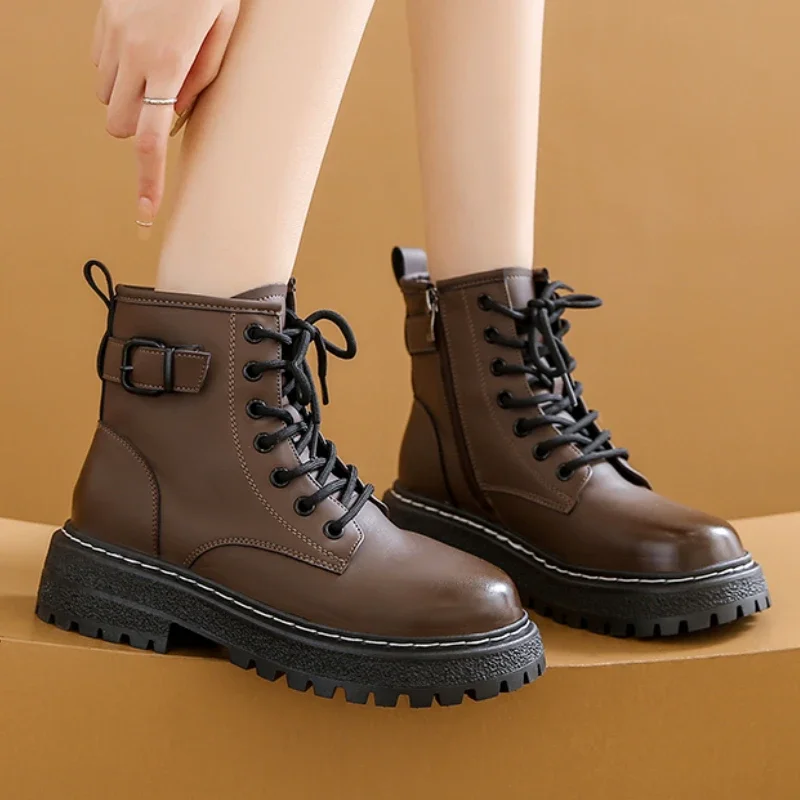 Новинка 2023, зимние женские ботинки, ботинки на шнуровке, обувь в британском стиле для женщин, модные ботильоны, женские ботинки на молнии
