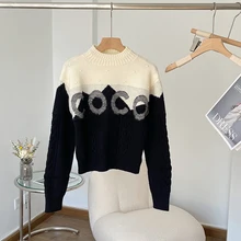 2023 Women Autumn Winter Contrast Color Vintage Printing Knitwear Jumper Turn-down Collar Loose Long Sleeve Knitted Pullover