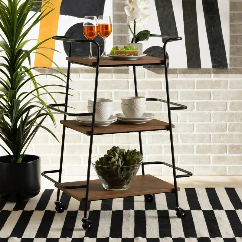 Bernard Rustic Industrial Black Metal and Walnut Finished Wood 3-Tier Small Mobile Wine Bar Cart
Bernard Rustic Industrial Black Metal and Walnut Finished Wood 3-Tier Small Mobile Wine Bar Cart