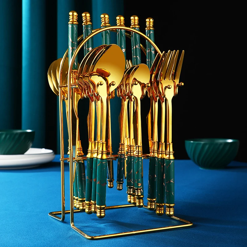 24 pcs Gold Dinnerware Set Stainless Steel Tableware Set Knife Fork Spoon Luxury Cutlery Set With Storage Rack Dishwasher Safe
24 pcs Gold Dinnerware Set Stainless Steel Tableware Set Knife Fork Spoon Luxury Cutlery Set With Storage Rack Dishwasher Safe