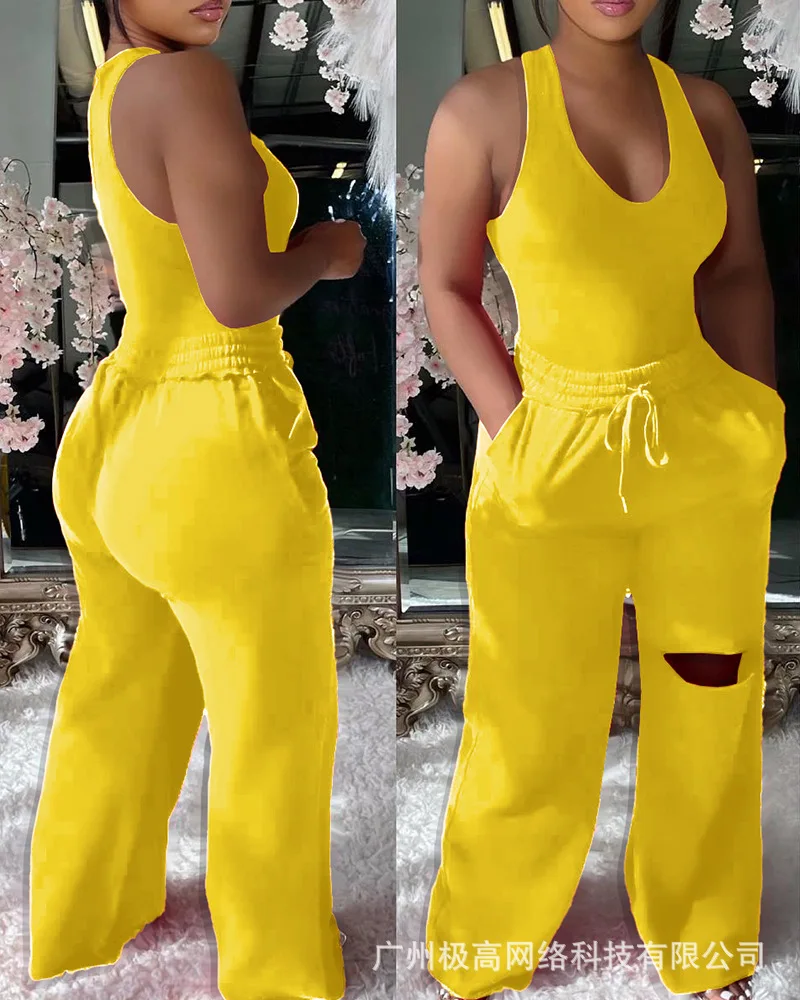 U-Neck Bodysuit & Drawstring Cutout Wide Leg Pants Set Women Spring Summer Sleeveless Romper High Waist Pants
U-Neck Bodysuit & Drawstring Cutout Wide Leg Pants Set Women Spring Summer Sleeveless Romper High Waist Pants