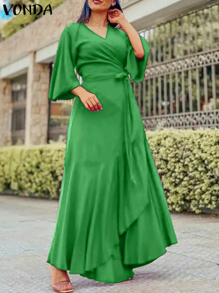 

VONDA Elegant Sundress Satin Ruffled Maxi Dress 2023 Fashion Women Belted Long Sexy V Neck Solid Color Casual Party Vestido Robe