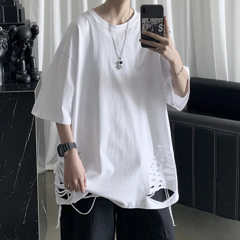 Korean Fashion Hole T-shirt for Men Versatile Solid Round Neck Mens T Shirts Summer Short Sleeve Tee Hip Hop High Street
Korean Fashion Hole T-shirt for Men Versatile Solid Round Neck Mens T Shirts Summer Short Sleeve Tee Hip Hop High Street
