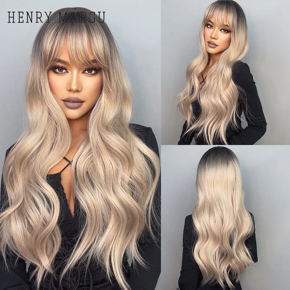 

HENRY MARGU Synthetic Long Wavy Wig Ombre Platinum Brown Blonde White Hair Wig with Bangs Cosplay Daily Party Heat Resistant Wig
