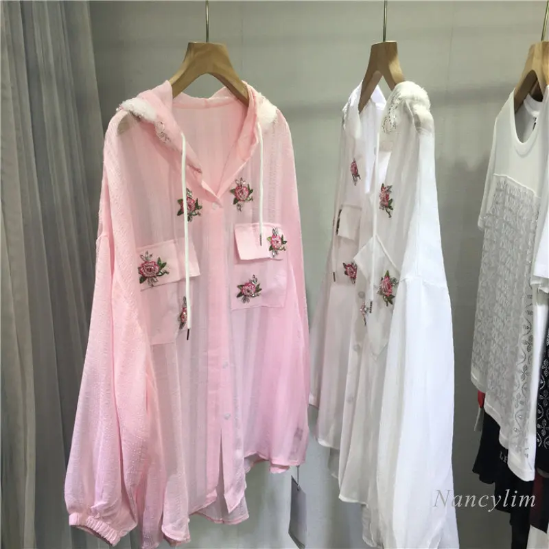 European Fashion Oversized Shirts Women Lightweight Hooded Blouse Beads Embroidered Flower Fairy Sun Protective Top Summer 2023
European Fashion Oversized Shirts Women Lightweight Hooded Blouse Beads Embroidered Flower Fairy Sun Protective Top Summer 2023