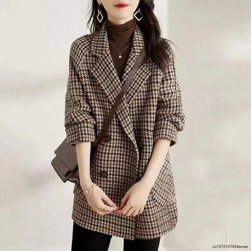 

Шерстяное пальто, винтажный блейзер в стиле «гусиные лапки», женский модный приталенный клетчатый костюм в Корейском стиле, свободный двубортный пиджак роскошного дизайна на осень