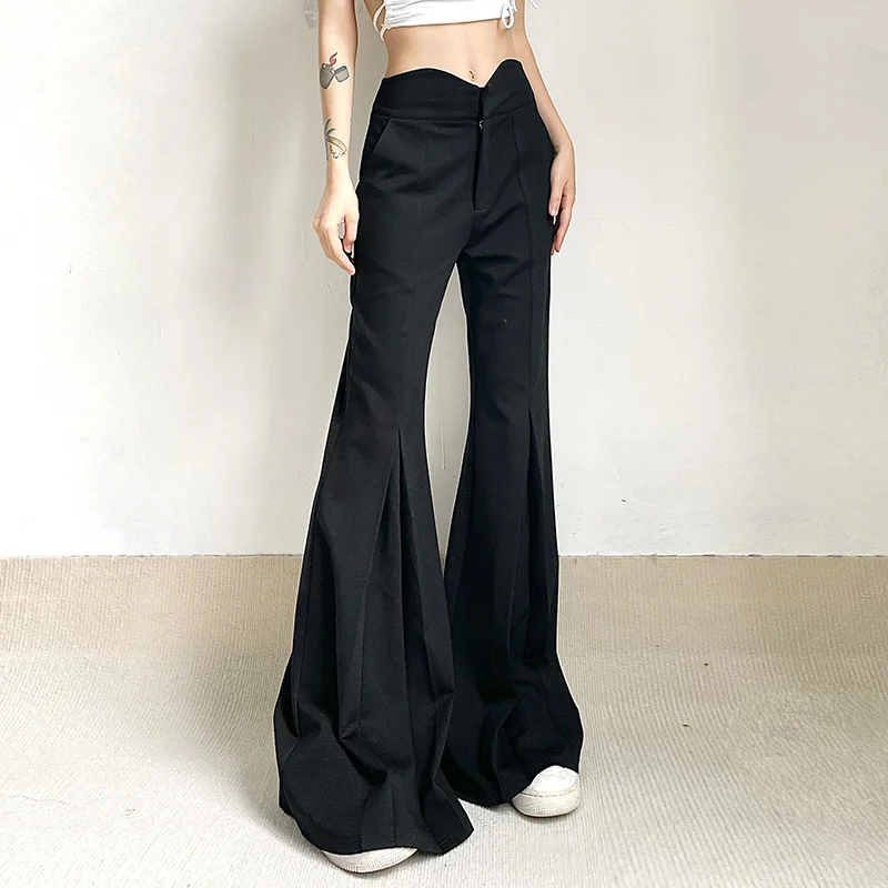 

Folds Flare Women's Pants Slim V-shaped High Waist Black Suit Pant 2023 New Korean Style All-match Casual Mopping Trousers