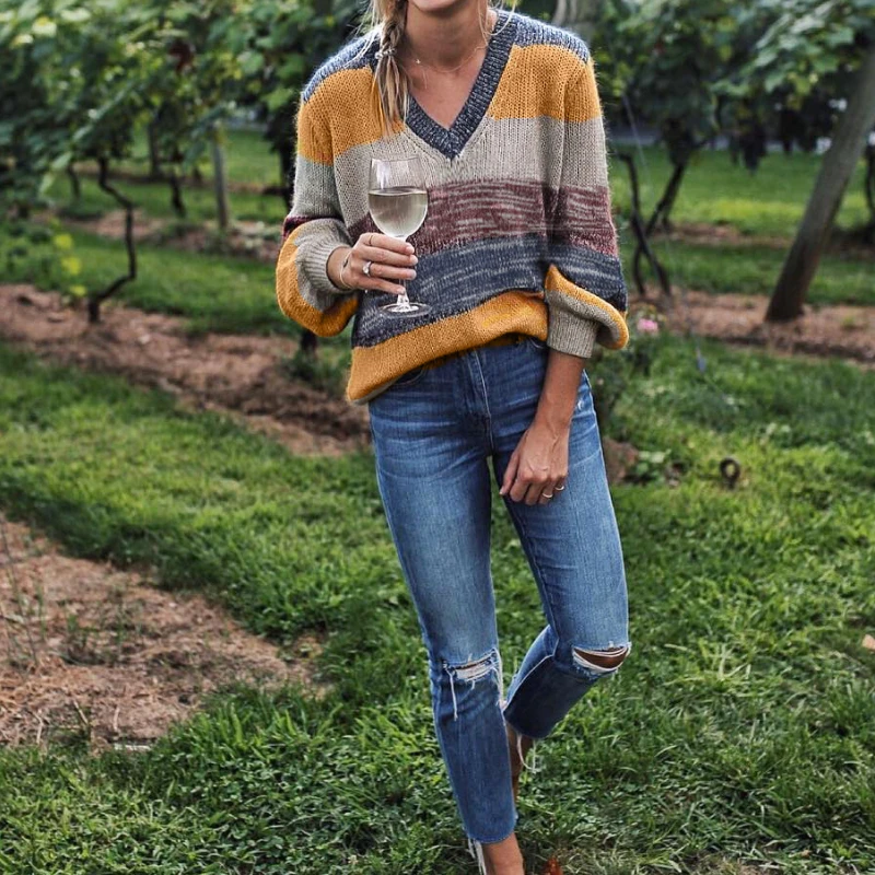 Women Fashion Casual Winter Sweaters Pullovers 2021 Knitwear Multi Color Striped V-Neck Sweater Female Vintage Clothing Jumpers
Women Fashion Casual Winter Sweaters Pullovers 2021 Knitwear Multi Color Striped V-Neck Sweater Female Vintage Clothing Jumpers