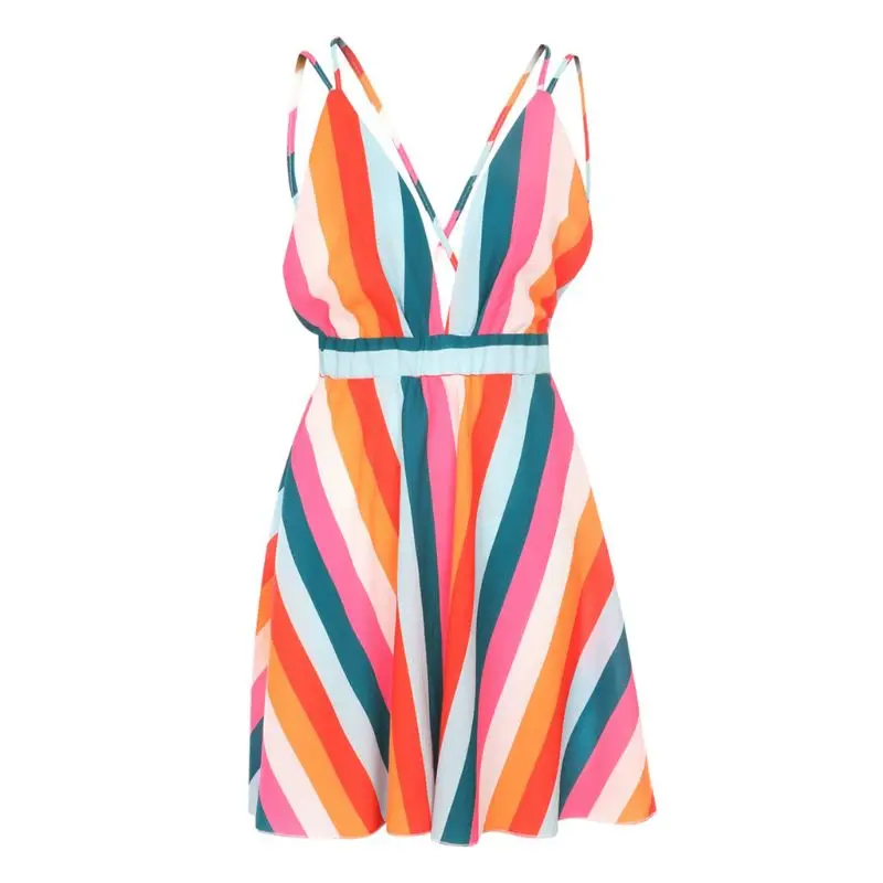 Women Sleeveless Sexy Deep V-Neck Backless Mini Flowy Dress Rainbow Colorful Patchwork Stripes Bohemian Beach Party P8DB
Women Sleeveless Sexy Deep V-Neck Backless Mini Flowy Dress Rainbow Colorful Patchwork Stripes Bohemian Beach Party P8DB