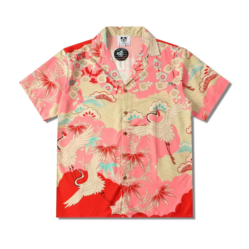 

Summer Couple Clothing New Trendyol Mens Crane Print Short Sleeve Pink Shirts Vintage Casual Oversized Man Hawaiian Beach Shirt
