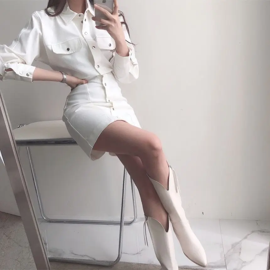 

Женское облегающее платье-рубашка, элегантное белое однобортное платье-рубашка в Корейском стиле ретро с отложным воротником и длинным рукавом, осень 2023