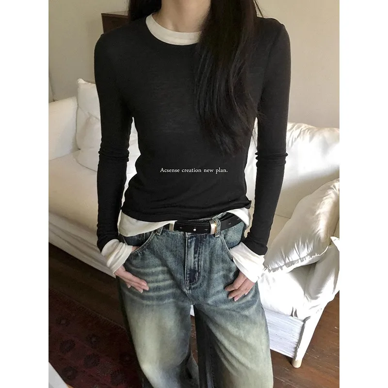 

Tian Si Wool Fake Two Piece Knitted Long Sleeve T-shirt Women's Spring and Autumn New 2023 Korean Fashion Top