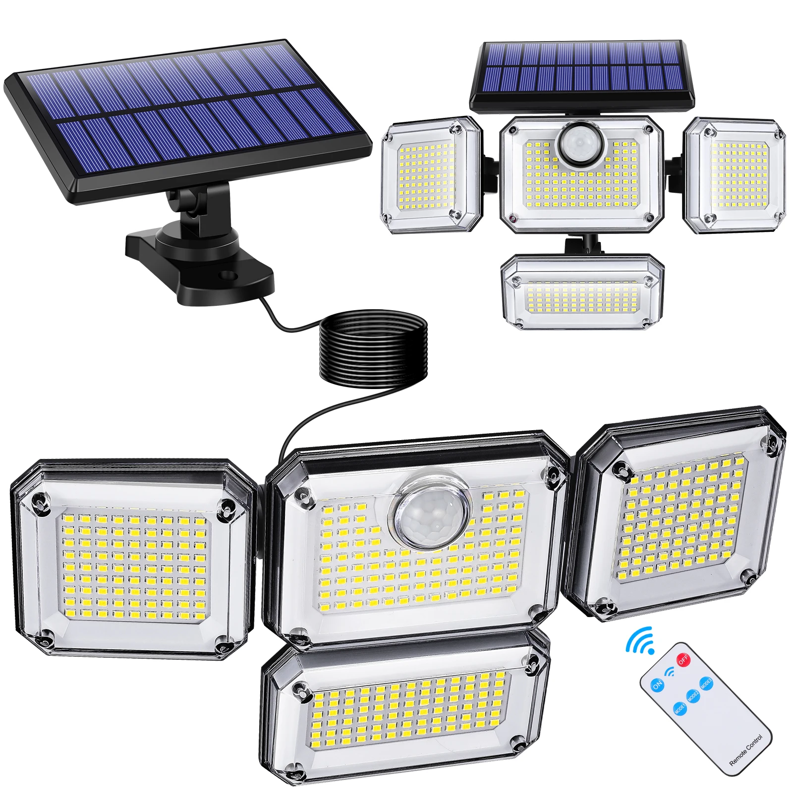 

333LED Outdoor IP65 Waterproof Solar Wall Lamp Multiple Heads with Motion Sensor Human Induction 3 Modes Spotlights for Garden