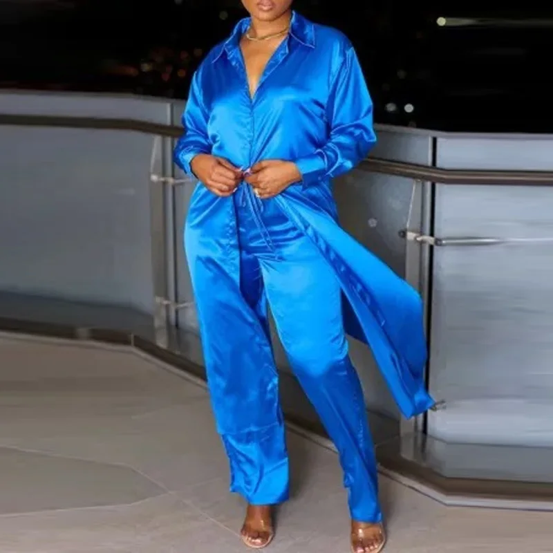 Women Casual Satin Shirt Suit Elegant Lapel Collar Button Long Tops and Tie-up Pants Outfits Fashion Long Sleeve Loose 2Pc Sets
Women Casual Satin Shirt Suit Elegant Lapel Collar Button Long Tops and Tie-up Pants Outfits Fashion Long Sleeve Loose 2Pc Sets