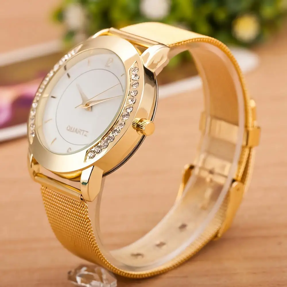 

Fashion Women Rhinestone Inlaid Round Dial Mesh Band Analog Quartz Wrist Watch