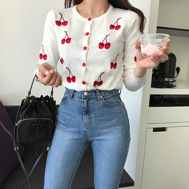 

Korean Fashion Knitted Sweater Cardigan Feminino Sweet Cherry Embroidery Cardigans Tops Short Casaco Feminino Long Sleeve Jacket