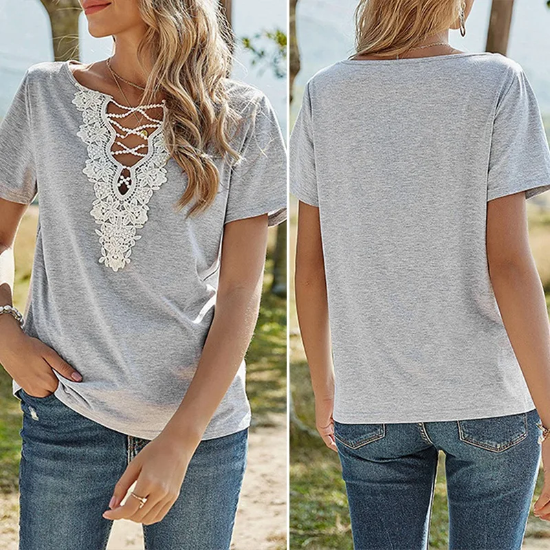 Women's Short-Sleeve Slim Solid Color Hedging Loose Lace V-Neck Loose Casual T-Shirt Tops
Women's Short-Sleeve Slim Solid Color Hedging Loose Lace V-Neck Loose Casual T-Shirt Tops