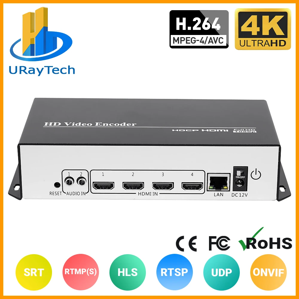Экономичный 4-канальный 4K HEVC H.264 HDMI видео кодировщик к IP потоковый с UDP HLS RTMP RTSP RTMPS |