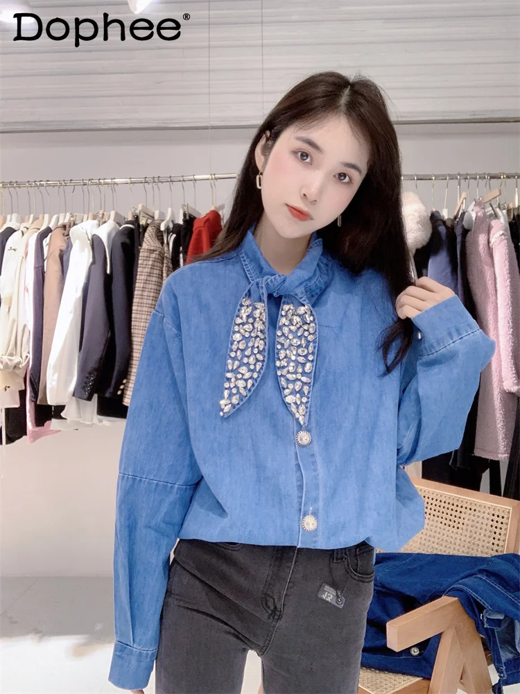 2022 Spring Heavy Beads Rhinestone Denim Shirt Top Women Loose Leisure Slimming Diamond Long-Sleeved Jean Blouse High Street
2022 Spring Heavy Beads Rhinestone Denim Shirt Top Women Loose Leisure Slimming Diamond Long-Sleeved Jean Blouse High Street