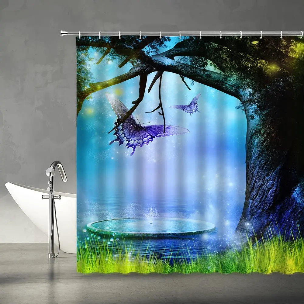 

Cartoon Fantasy Forest Shower Curtain Dream Night Purple Butterfly Green Meadow Tree Blue Lake Pond Nature Scenery Bath Curtains