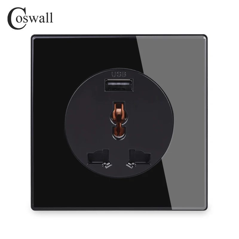 

Coswall Crystal Black Glass Panel 13A UK British Standard Power Socket With USB Fast Charging Port 15A Outlet