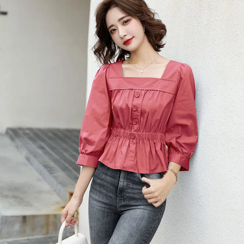 Elegant Square Collar Lantern Sleeve Shirring Folds Button Loose Blouse Summer New Casual Pullovers Loose Commute Women's Shirt
Elegant Square Collar Lantern Sleeve Shirring Folds Button Loose Blouse Summer New Casual Pullovers Loose Commute Women's Shirt