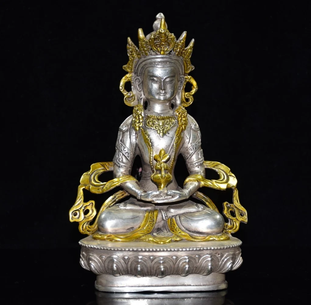 8" Tibetan Temple Collection Old Bronze silver Gilt Longevity Buddha Infinite Life Wisdom Tathagata Sitting Buddha Town house
8" Tibetan Temple Collection Old Bronze silver Gilt Longevity Buddha Infinite Life Wisdom Tathagata Sitting Buddha Town house