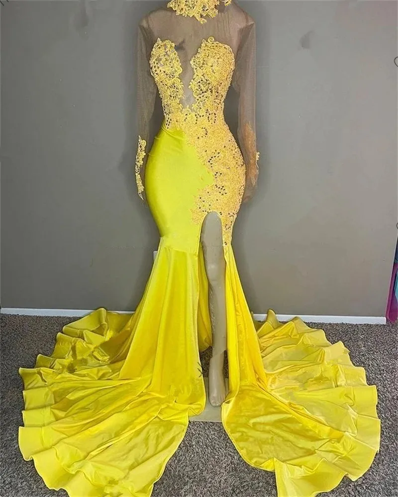 Платья Daffodil с высоким воротником для выпускного вечера, для черных девушек, женское платье с длинным рукавом и Боковым Разрезом, Robe De Bal Aso Ebi 
Платья Daffodil с высоким воротником для выпускного вечера, для черных девушек, женское платье с длинным рукавом и Боковым Разрезом, Robe De Bal Aso Ebi