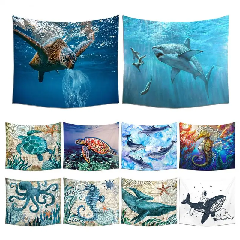 

Home Decoration Tapestry Natural Ocean Animal Printed Wall Mount Tapesties Turtle Sea Horse Dolphin Pattern Wall Hanging Sheets