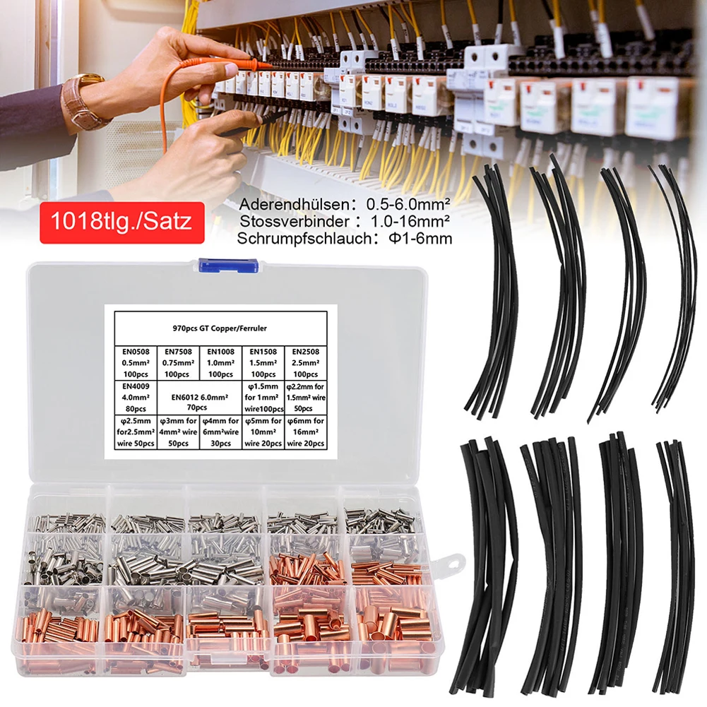 970pcs Sleeve Tinned Copper Crimp Connector Uninsulated With 48pcs Heat Shrink Tube Wire Ferrules Kit Copper Connectors
970pcs Sleeve Tinned Copper Crimp Connector Uninsulated With 48pcs Heat Shrink Tube Wire Ferrules Kit Copper Connectors