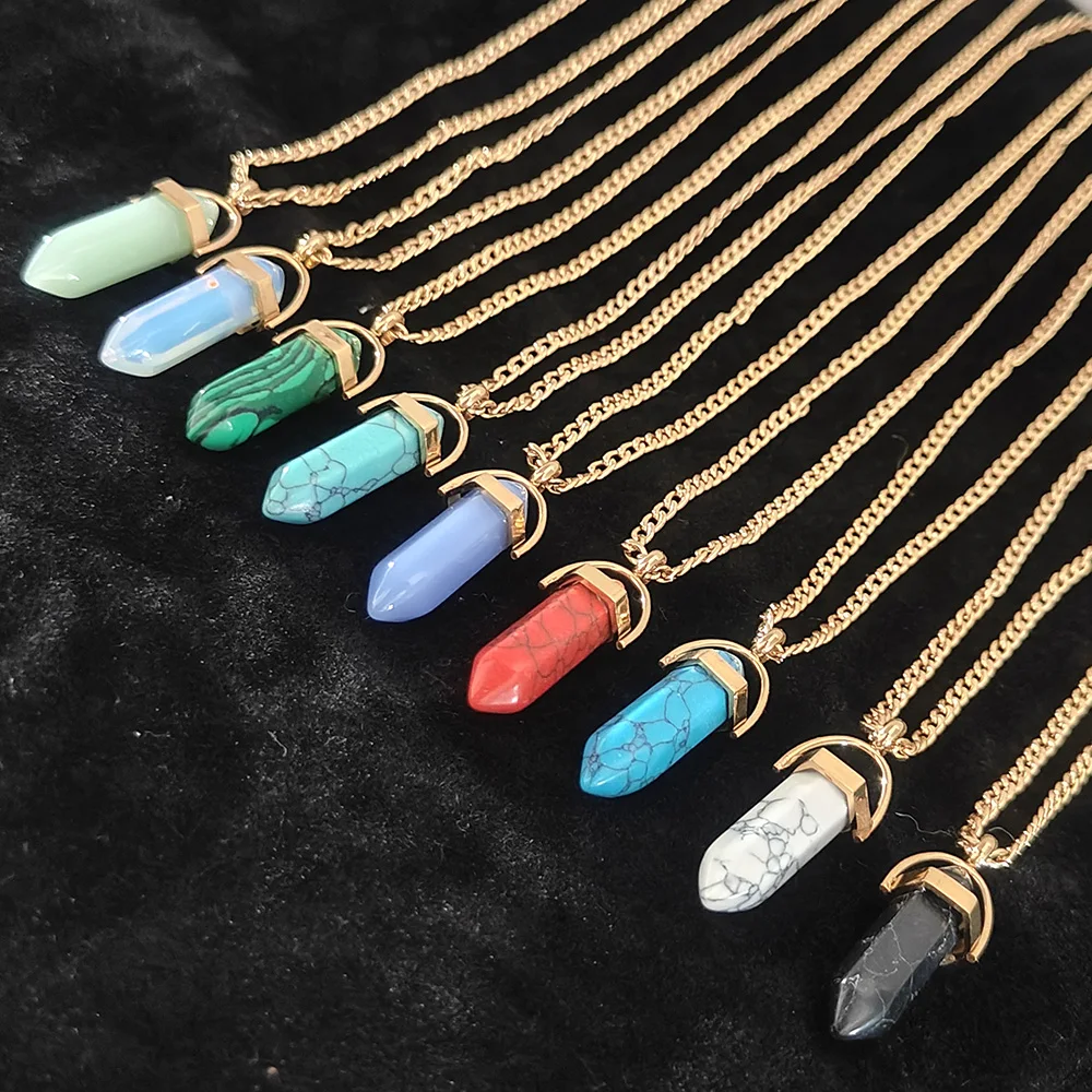 

Natural Stone Quartz Lapis Opal Amethyst Pink Crystal Stone Hexagonal Column Pendant Necklaces O Chain Bullet Necklace