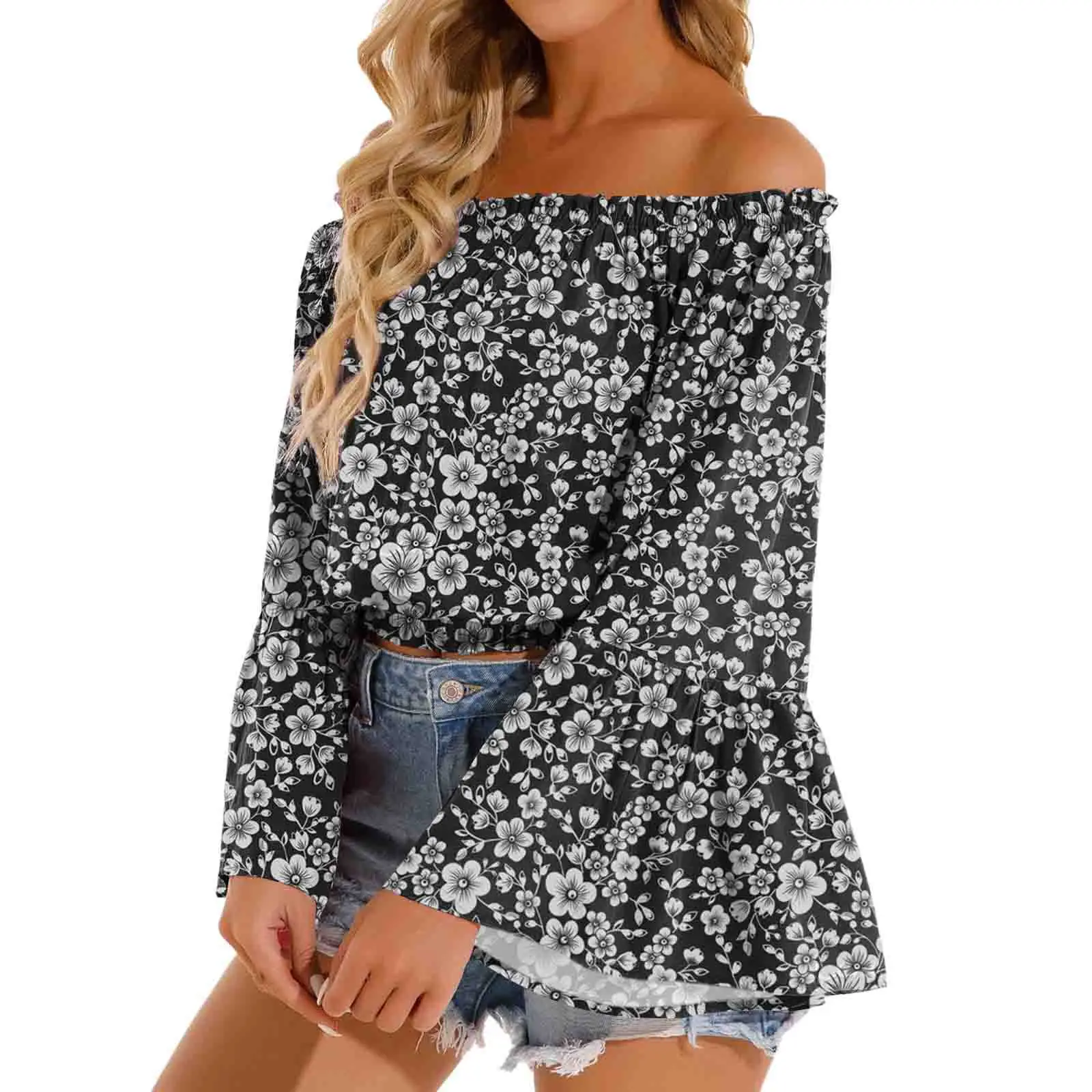 Sexy Off The Shoulder Flare Sleeve Blouse Crop Top 2023 Women's Autumn Slash Neck Print Long Sleeve Chiffon Shirt Femme Blusas
Sexy Off The Shoulder Flare Sleeve Blouse Crop Top 2023 Women's Autumn Slash Neck Print Long Sleeve Chiffon Shirt Femme Blusas