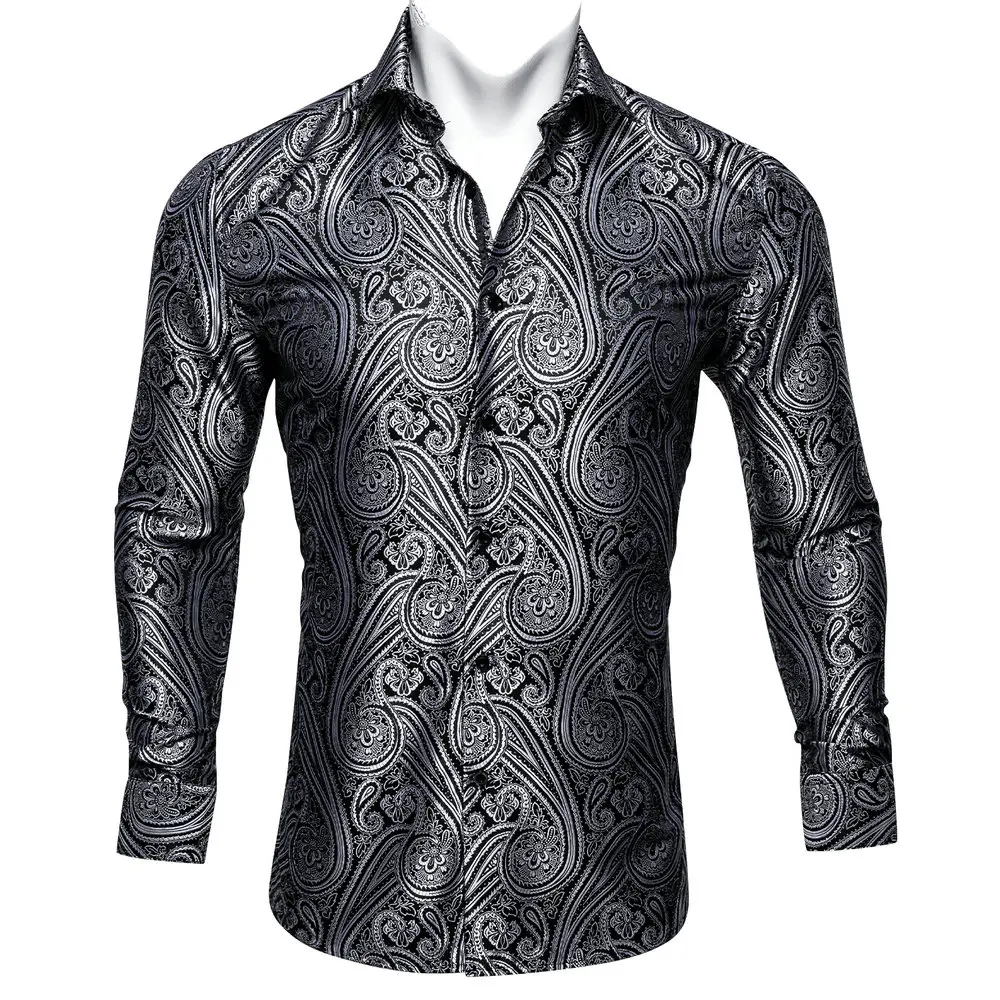 

White And Black Paisley Long Sleeve Polyester Mens Shirt Casual Fit Jacquard Turndown Collar Business Party Designer Barry.Wang