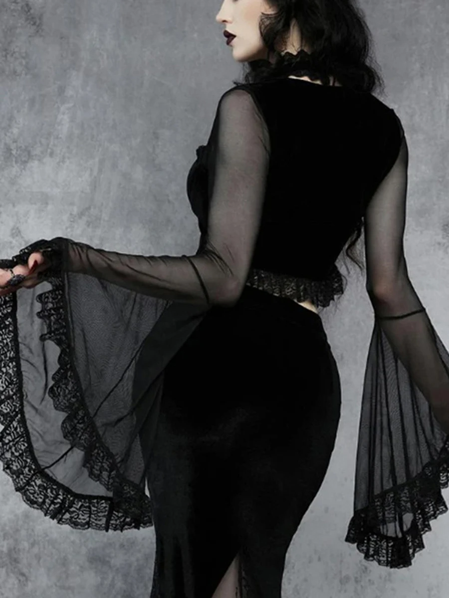 

BABAMOON Women s Black Skeleton Sheer Mesh Long Sleeve Crewneck Slim Fit See Through Halloween Cosplay Costume (Black L)