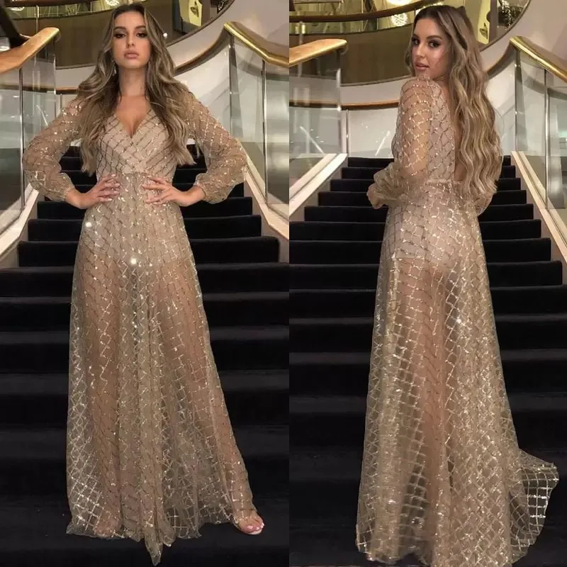 

2023 Sexy Arabic Evening Dresses For Women V Neck Long Sleeves A Line Ruched Sparkly Sequins Prom Formal Party Gowns See Through