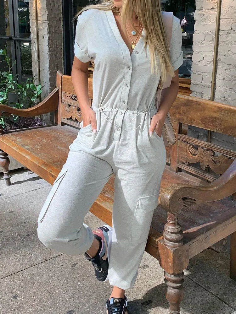 Casual Street V-Neck Button Workwear Playsuit Women Short Sleeve Waist Drawstring Straight Romper Summer Cotton Pockets Jumpsuit
Casual Street V-Neck Button Workwear Playsuit Women Short Sleeve Waist Drawstring Straight Romper Summer Cotton Pockets Jumpsuit