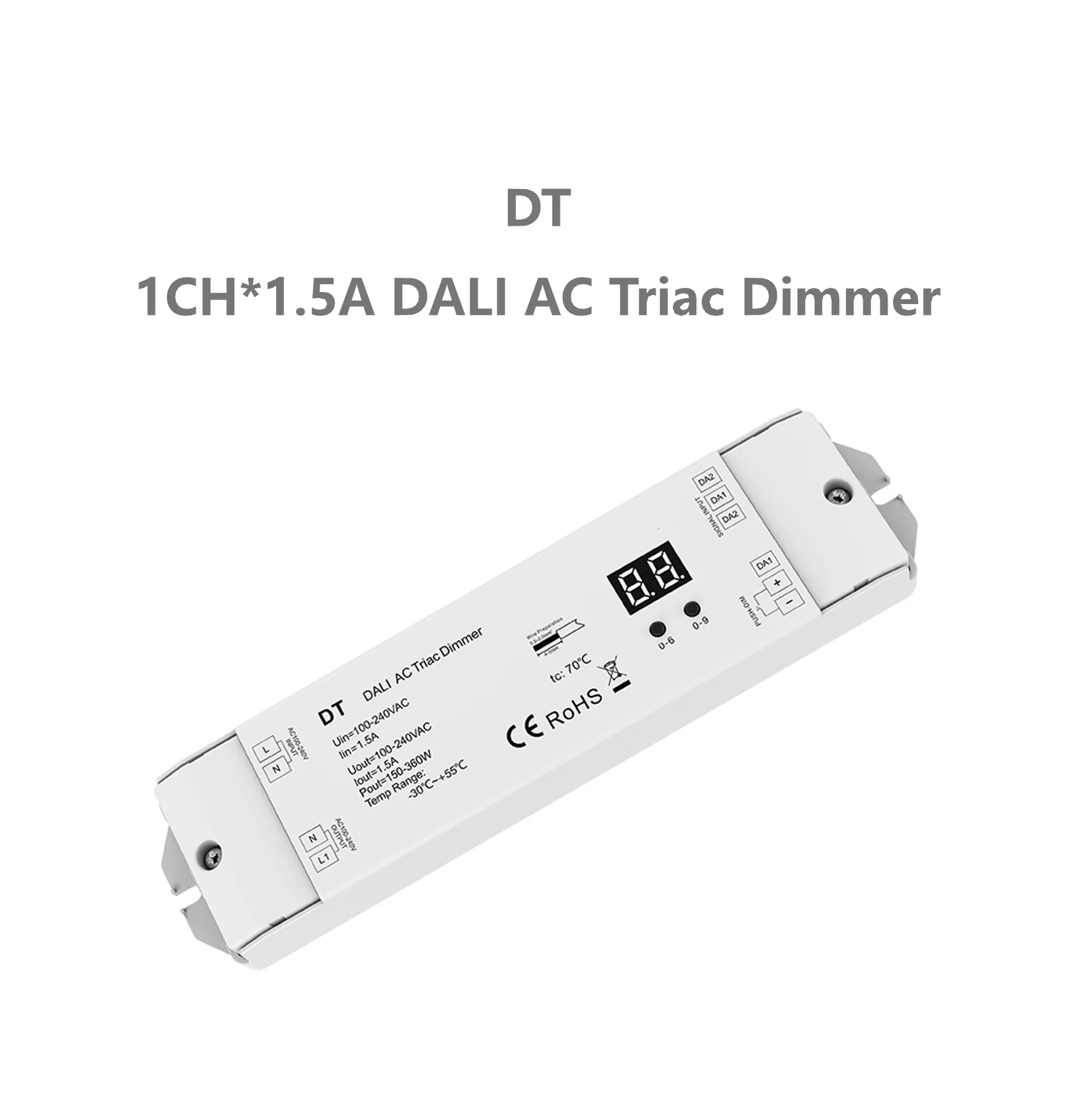 

SkyDance DT 1CH*1.5A AC Triac DALI Dimmer 150-360W 100-240VAC 1 Channel Output Leading Edge or Trailing Edge Numeric Display