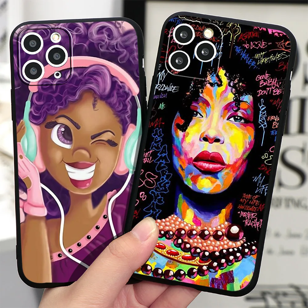 

Fashion Black African Girls Phone Case For iPhone 13 12 11 Pro Max Case 7 8 Plus SE2 SE3 X XR XS Max Black Soft TPU Shell Cover