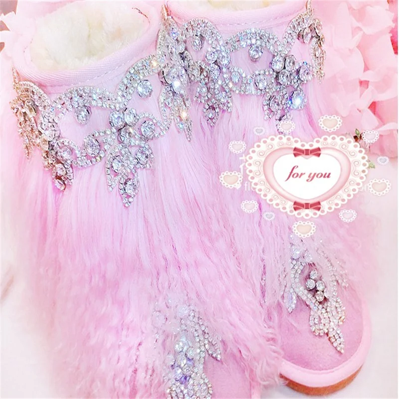 Fur integrated leather pink long-haired tassel crystal snow boots plus velvet thickening warm super cute pink boots 35-44 
Fur integrated leather pink long-haired tassel crystal snow boots plus velvet thickening warm super cute pink boots 35-44