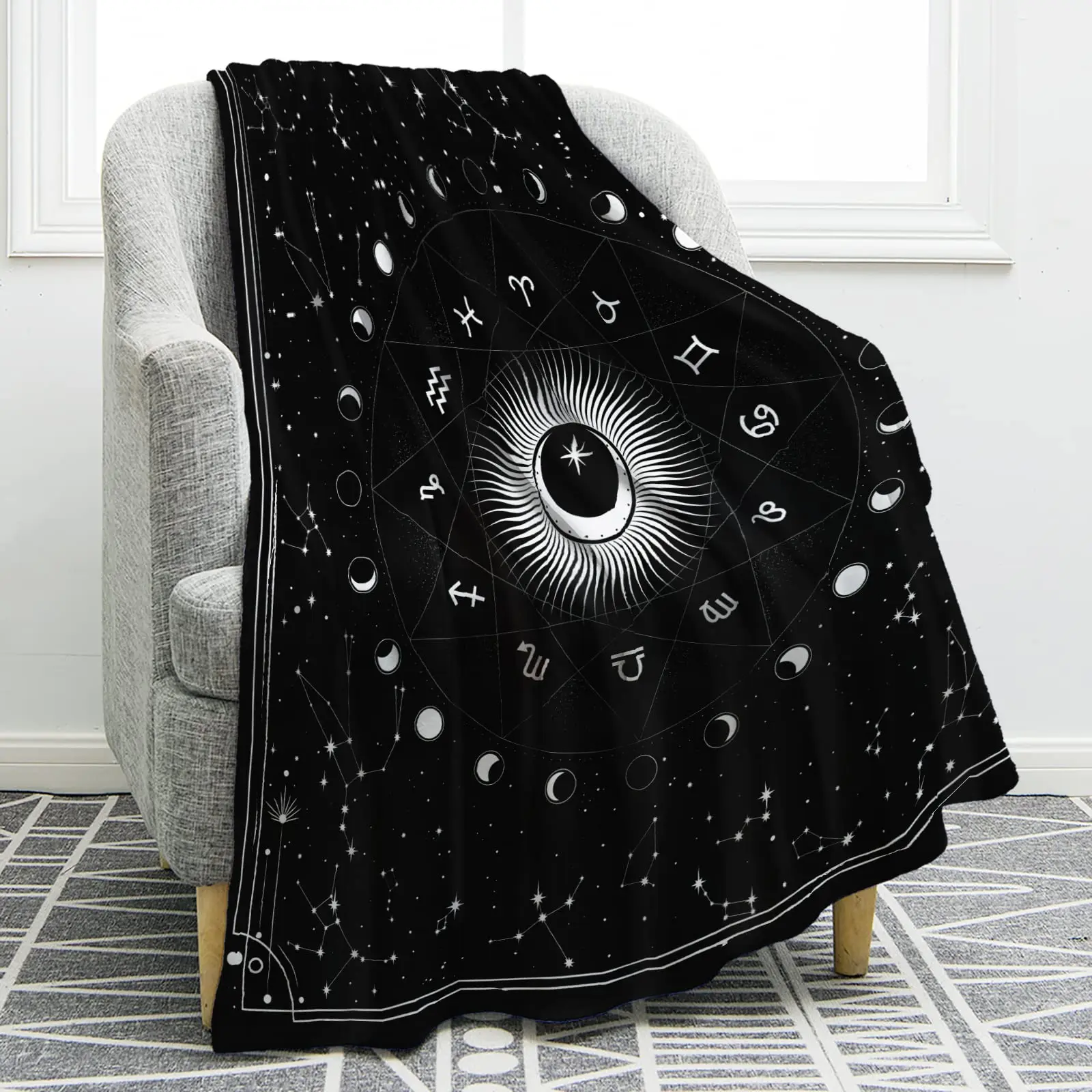 

Sun and Moon Blanket Stars Space Psychedelic Black and White Print Throw Blanket for Couch Bed Sofa Camping King for Kids Adults