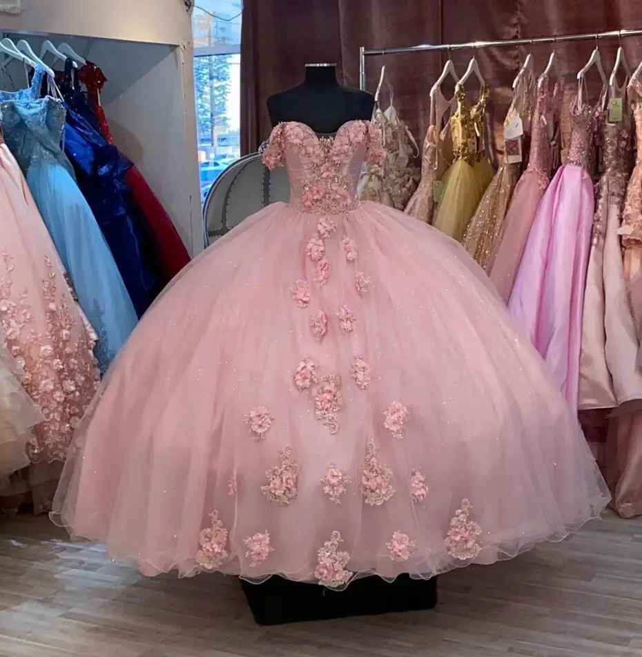 

IRIDESCENT Pink Ball Gown Sweetheart Quinceanera Dress 3D Appliques Beading Lace Handmade Flower With Cape Vestidos De 15 Años