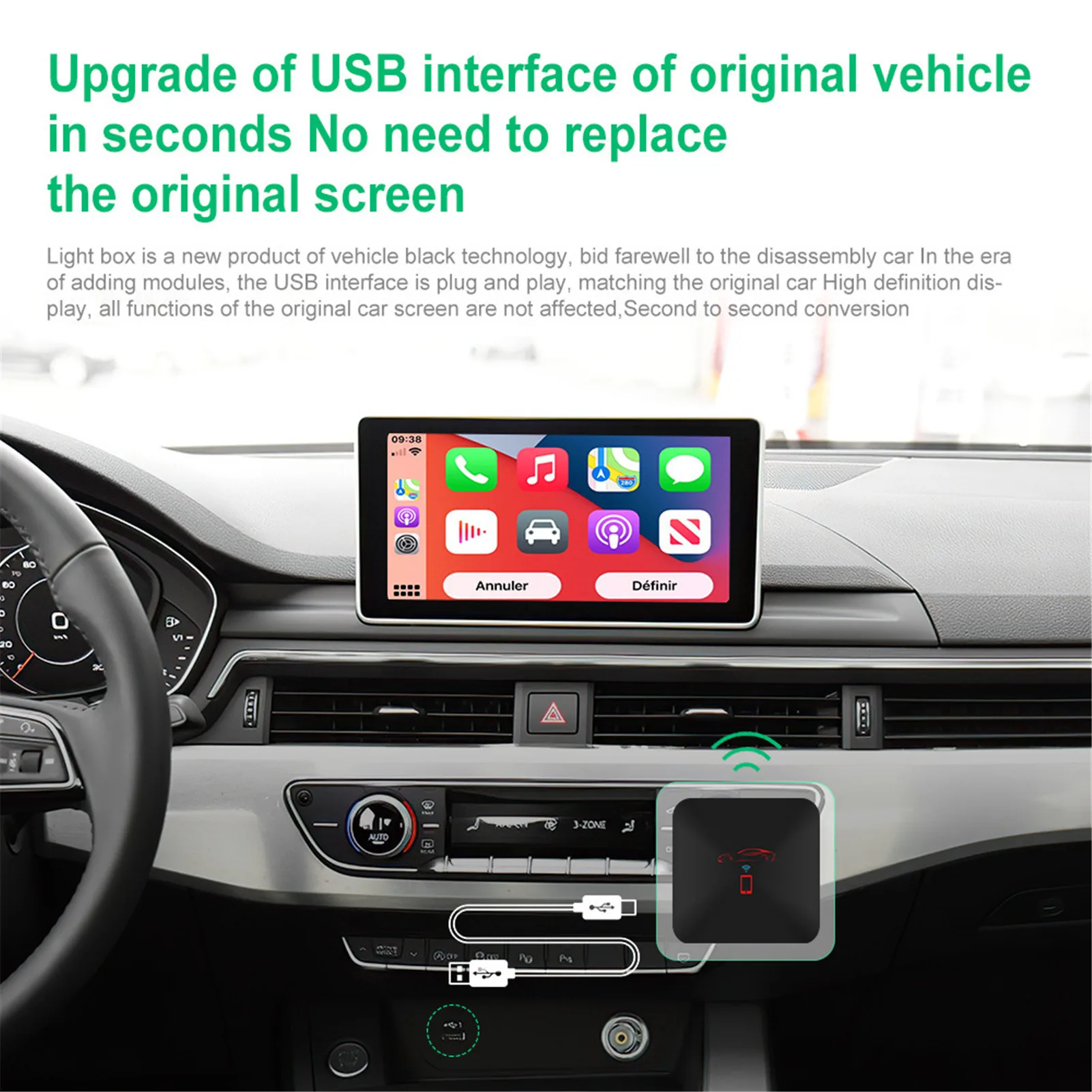 Беспроводной многофункциональный USB-адаптер CarPlay, приложение для голосового управления, совместимо с заводским проводным CarPlay
Беспроводной многофункциональный USB-адаптер CarPlay, приложение для голосового управления, совместимо с заводским проводным CarPlay