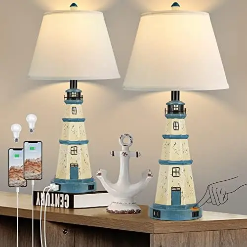 Lamps Set of 2, 3-Way Dimmable Bedside Lamps with Dual USB Charging Ports, Modern White Blue Lighthouse Touch Control Nightstand
Lamps Set of 2, 3-Way Dimmable Bedside Lamps with Dual USB Charging Ports, Modern White Blue Lighthouse Touch Control Nightstand