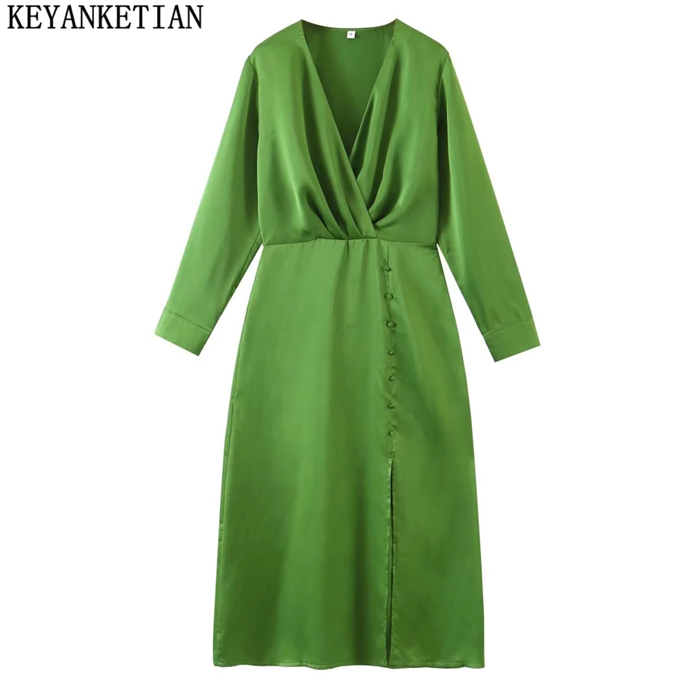 

KEYANKETIAN Women's Silk Texture Green Dress 2022 New Smocked V-Neck French Holiday Midi Skirt Button Embellished Ankle Dress