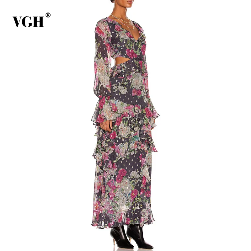 

VGH Casual Print Colorblock Dress For Women V Neck Long Flare Sleeve High Waist Hollow Out Dresses Female 2021 Autumn Clothing